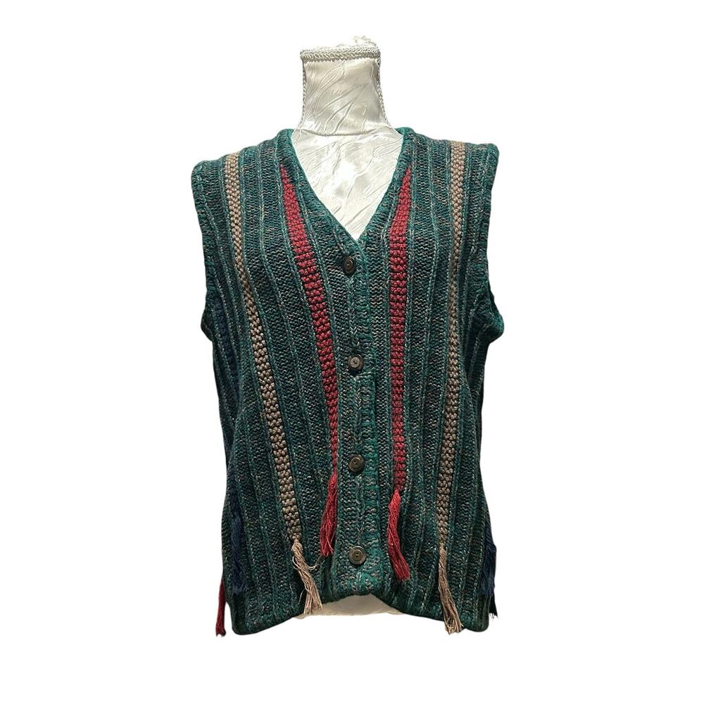 Vintage 90s Green Stripe Ramie Tassel Sweater Vest Cottagecore M Grandpacore - Picture 2 of 16
